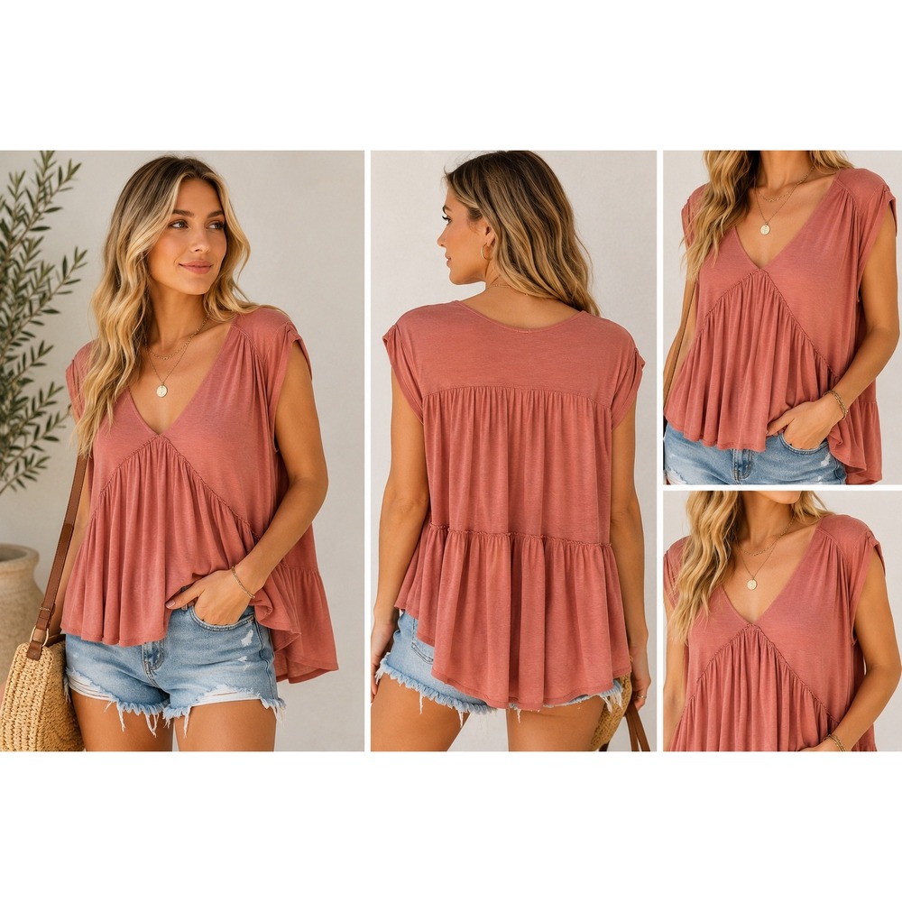 Free People Rose Pink Rayon Linen V-Neck Babydoll Ruffle High Low Top XL NO TAGS